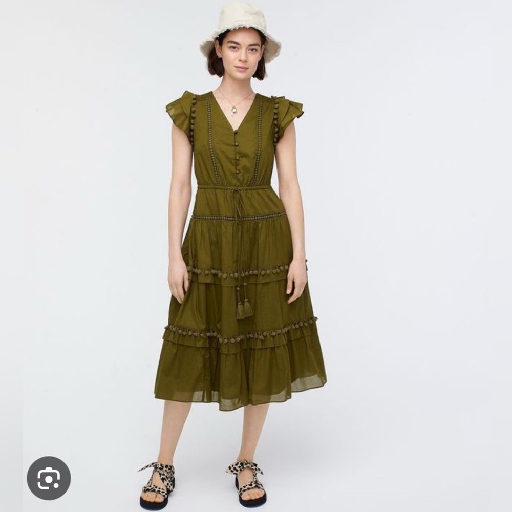 J. Crew Olive Midi Dress with Ruffle Accents